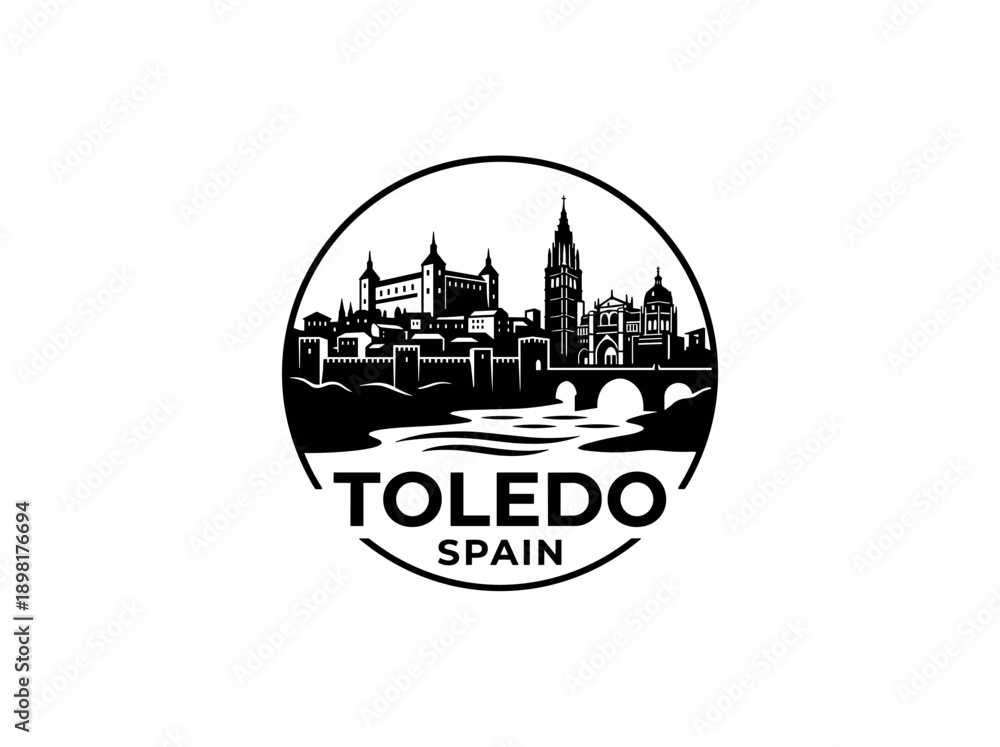 Fototapeta premium Toledo city of Spain stylized black and white skyline logo with iconic architecture
