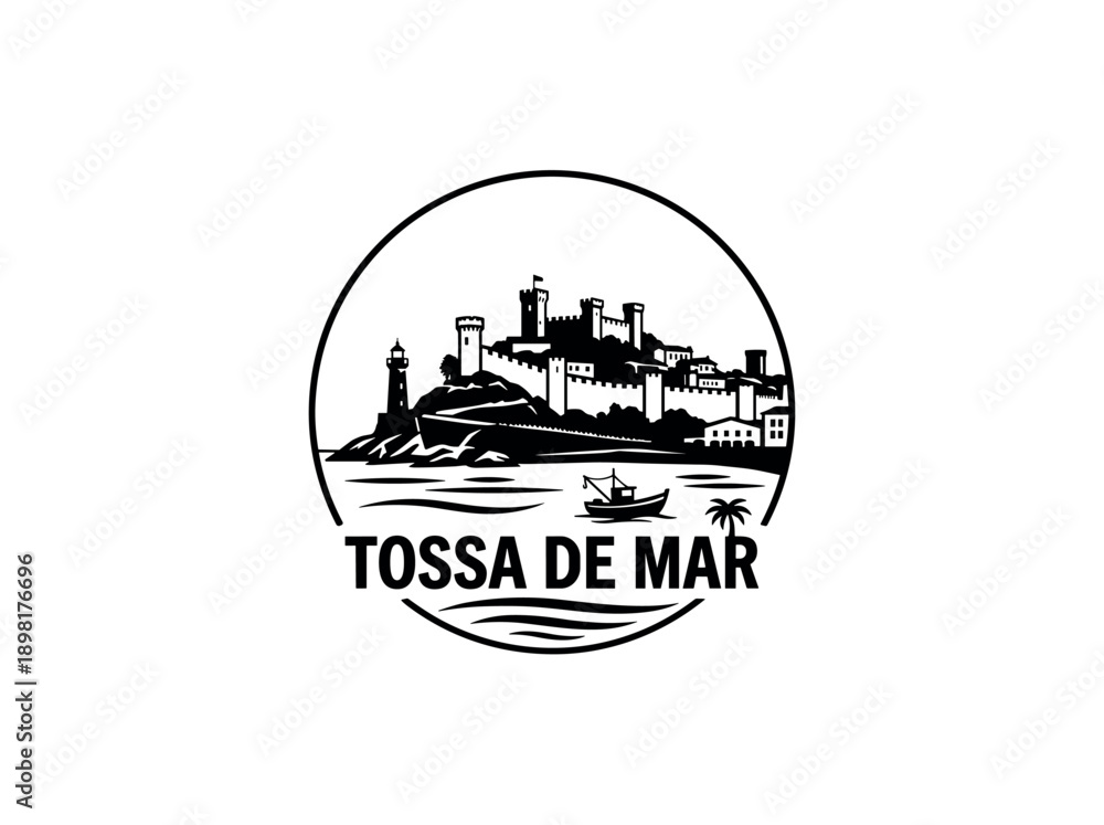 Obraz premium Tossa de Mar city of Spain stylized black and white skyline logo with iconic architecture