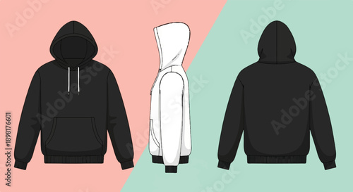 Three views of a hoodie front black, side white, back black