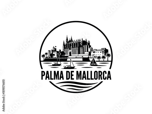 Palma de Mallorca city of Spain stylized black and white skyline logo with iconic architecture
