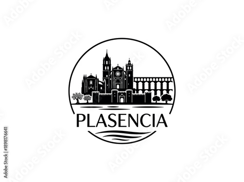 Wallpaper Mural Plasencia city of Spain stylized black and white skyline logo with iconic architecture Torontodigital.ca