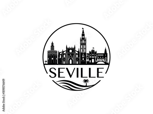 Seville city of Spain stylized black and white skyline logo with iconic architecture