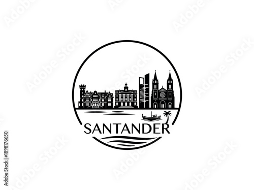 Wallpaper Mural Santander city of Spain stylized black and white skyline logo with iconic architecture Torontodigital.ca
