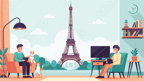 Two men and dogs enjoy a relaxing day indoors with Eiffel Tower view