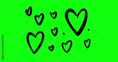 Animated background with multiple popping hand-drawn black doodle hearts on green screen chroma key