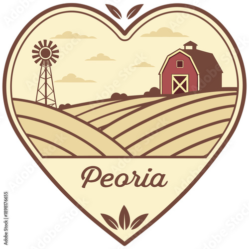 Peoria Illinois agricultural emblem with red barn windmill and plowed fields in heart shape