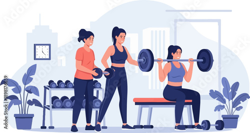 Three women exercising with weights in a gym setting