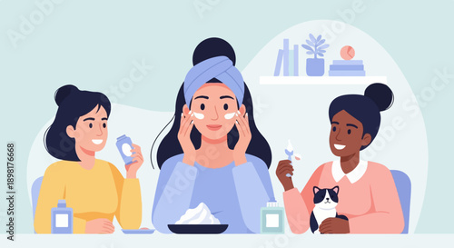 Three women enjoying a skincare routine at home with a cat