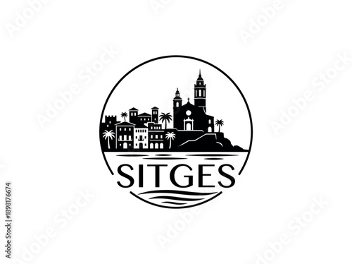 Wallpaper Mural Sitges city of Spain stylized black and white skyline logo with iconic architecture Torontodigital.ca