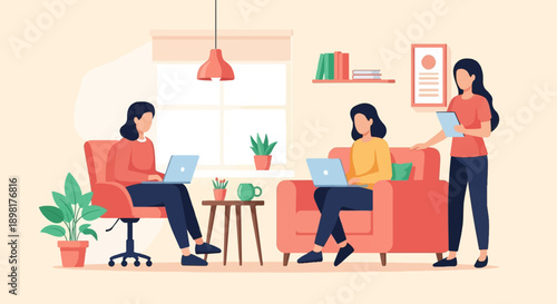 Three women working remotely on laptops in a cozy living room