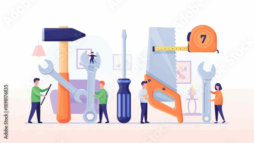 Tiny people interact with oversized tools and home decor, representing DIY