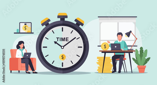 Time is money business professionals working at desks with clocks, money bags, coins