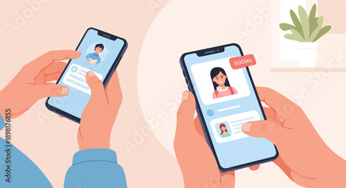 Two hands interacting with smartphones showing social media feeds with profiles