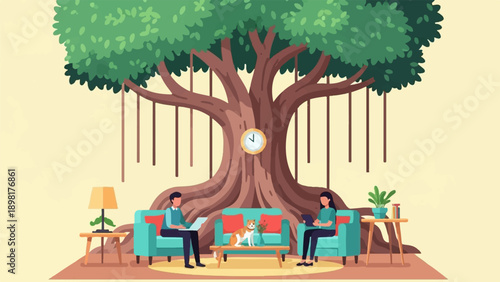 Two people and a dog relax under a giant tree with a clock