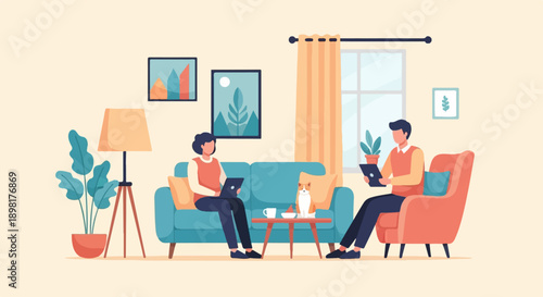 Two people and a cat relaxing at home, using devices