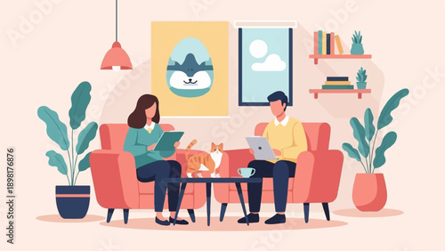 Two people and a cat relaxing at home, engaged with devices