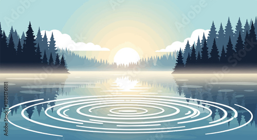 Tranquil lake at sunrise, reflecting trees and sky, with ripples