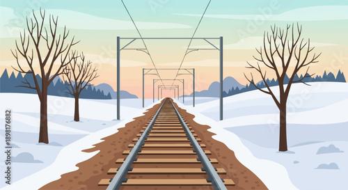 Train tracks stretch into a snowy horizon with bare trees and mountains