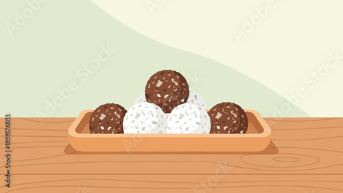 Tray of assorted spherical chocolates and candies on a wooden surface