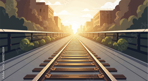 Train tracks stretch towards a bright, hazy city skyline at sunset