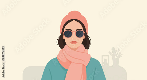 Trendy woman in pink beanie, scarf, sunglasses, and teal top