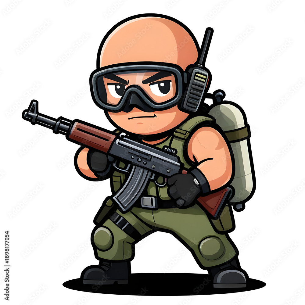 Naklejka premium A sturdy special forces soldier with a combat weapon, fully equipped in special combat gear. Cartoon mascot, illustration, clean lines, flat design, modern, high quality