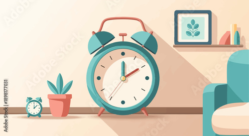 Two alarm clocks, a plant in a pot, a framed picture, and a chair