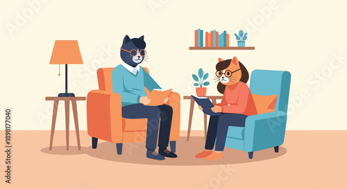 Two anthropomorphic cats are reading books while sitting in comfortable armchairs