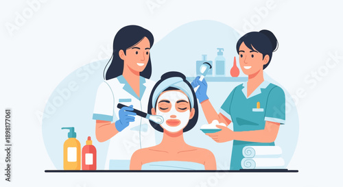 Two beauticians apply a facial mask to a woman resting in a spa