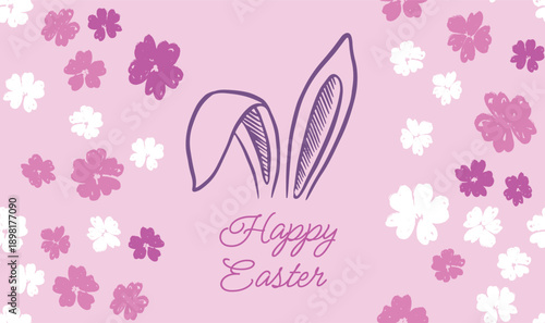 Rabbits's ears with flowers, Happy Easter. Hand drawn illustration.	
