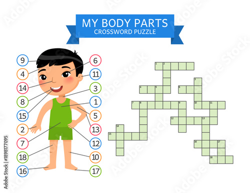 Educational illustration of a happy cartoon boy with labeled body parts and a crossword puzzle. “My Body Parts” worksheet designed for children to learn human body vocabulary in a fun and interactive 