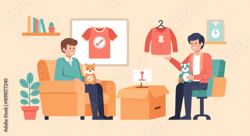 Two men and their plush dogs are in a cozy living room with clothes