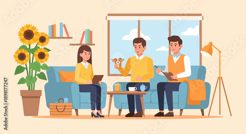 Two men and one woman in a cozy living room setting