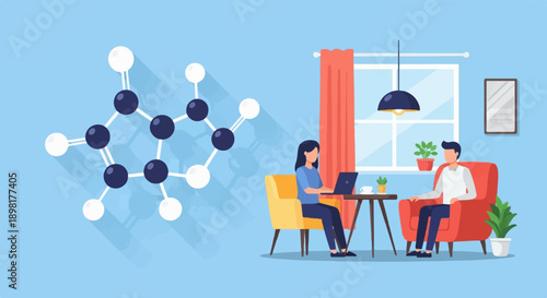 Two people in a living room with a molecular structure nearby