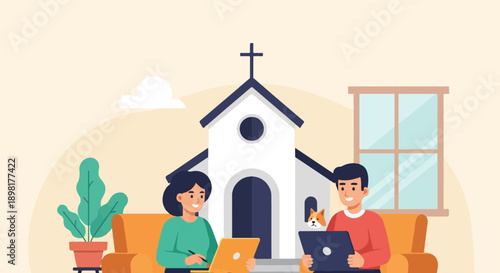 Two people and dog relaxing at home near a church