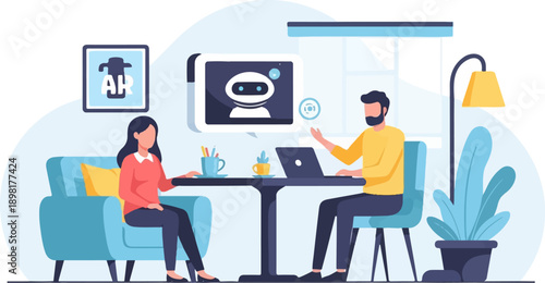 Two people in a modern office discuss technology displayed on a screen