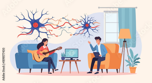 Two people in a room connected to stylized neurons