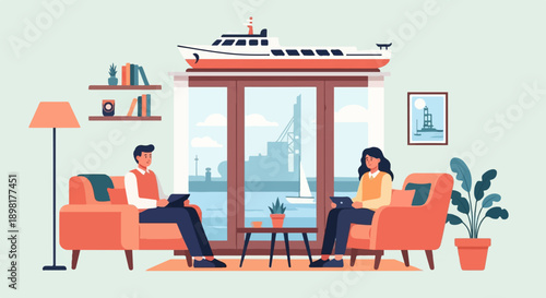 Two people in a room, looking at tablets, with a ship model above a window