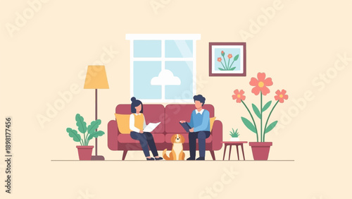 Two people and dog relaxing in a cozy room with plants
