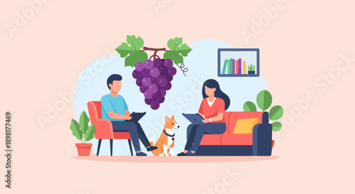 Two people and dog relaxing indoors with grapes and books