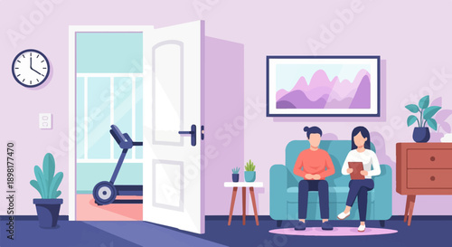 Two people in a room, one on a couch, the other by a treadmill