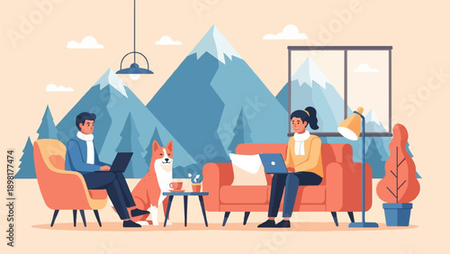 Two people and dog work on laptops in a cozy room with mountain view