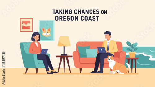 Two people and dog work on laptops in coastal Oregon home