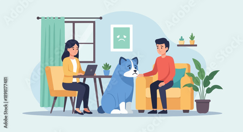 Two people and a blue dog sitting in a room with a sad picture