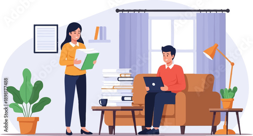 Two people in a room, one reading, the other using a laptop