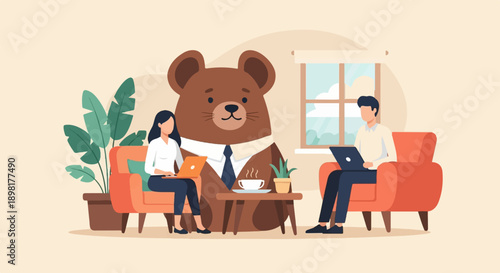 Two people and a bear in suits work on laptops in a cozy room