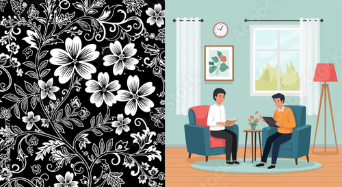 Two men are sitting in armchairs, engaged in conversation or study