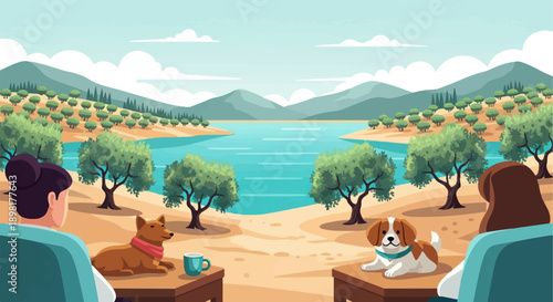 Two people and dogs relax by a tranquil lake amidst olive trees and mountains