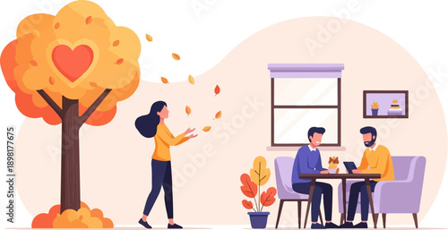 Two men conversing at a table near a window, a woman plays with falling leaves outdoors