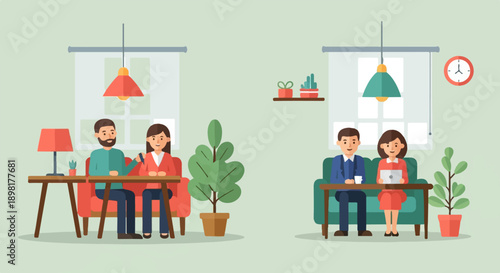 Two pairs of people sitting on sofas, interacting with devices and enjoying a relaxed atmosphere